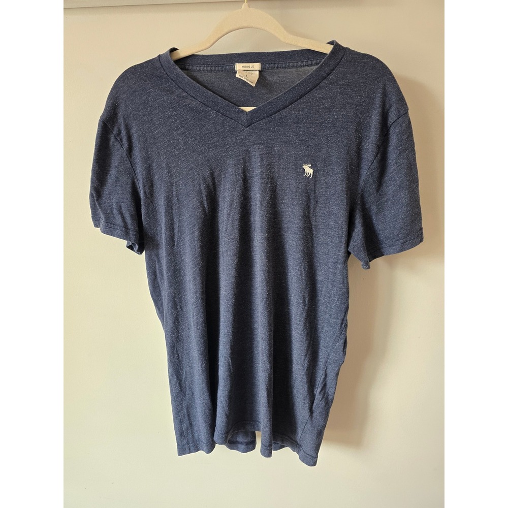 Abercrombie & Fitch Mens Muscle Fit V-Neck Tee Navy Blue Heathered Large Logo